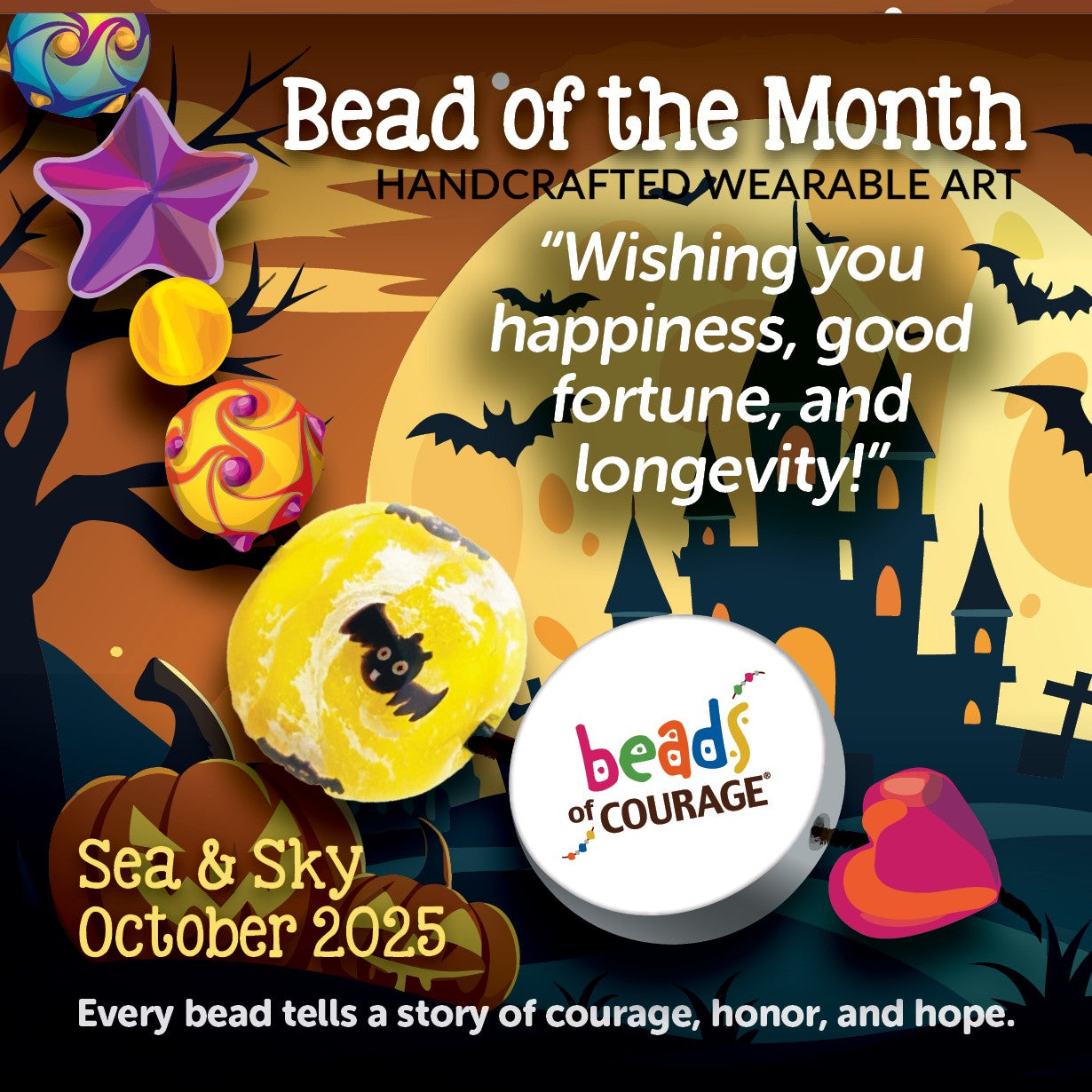 October 2025 Bead of the Month - Glow in the Dark Moon & Bats - "Wishing you happiness, good fortune, and longevity!"