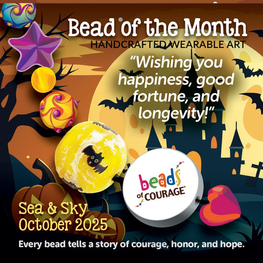 October 2025 Bead of the Month - Glow in the Dark Moon & Bats - "Wishing you happiness, good fortune, and longevity!"